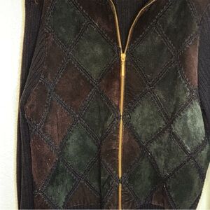 Suede Leather Front Patchwork Knit Zip Sweater Jacket Black Brown Green Size XL